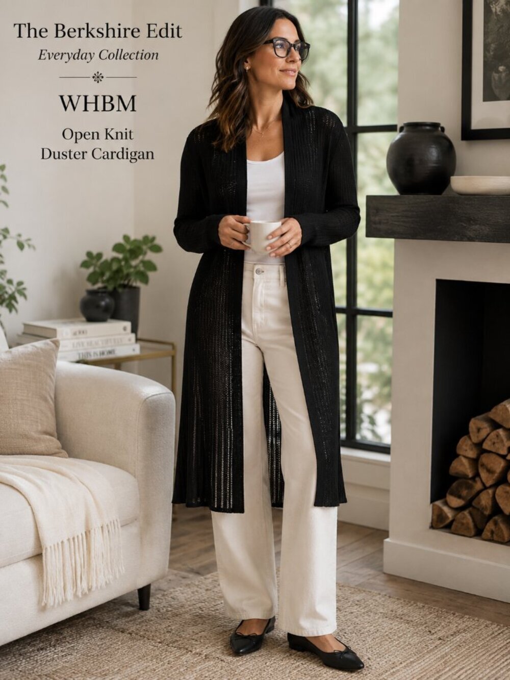 WHBM Black Open Knit Duster Cardigan Long Lightweight XS